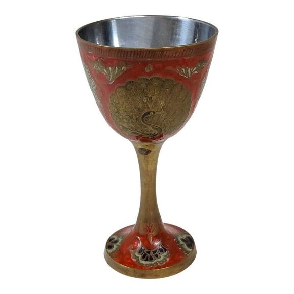 Vintage Enamel Hand Painted Etched Brass Cloisonne Peacock Wine Goblet India Red - Picture 5 of 8